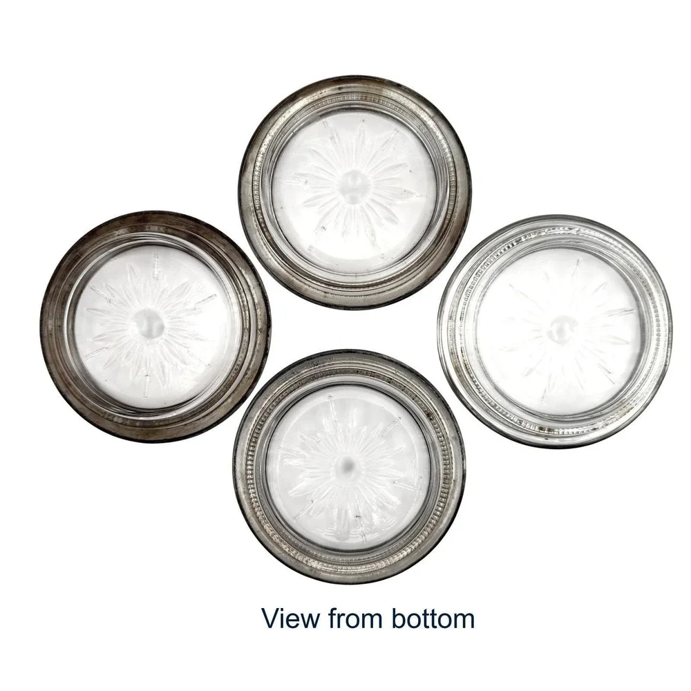 Vintage Leonard Italy Silverplate Glass Starburst Coasters Set of 4 Gadroon Rim